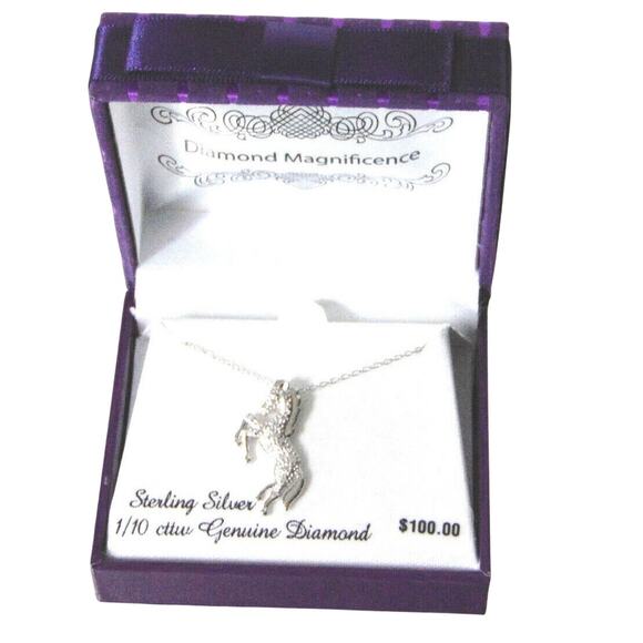NEW Sterling Silver 1/10cttw DIAMOND Rearing HORSE NECKLACE 18" Chain .925 BOX - Picture 2 of 6
